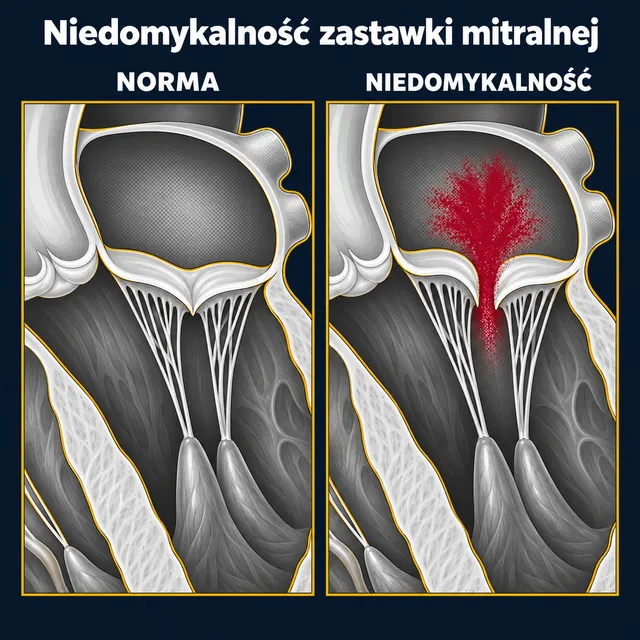 Zastawka mitralna prawidłowa i niedomykalna z cofaniem się krwi do lewego przedsionka