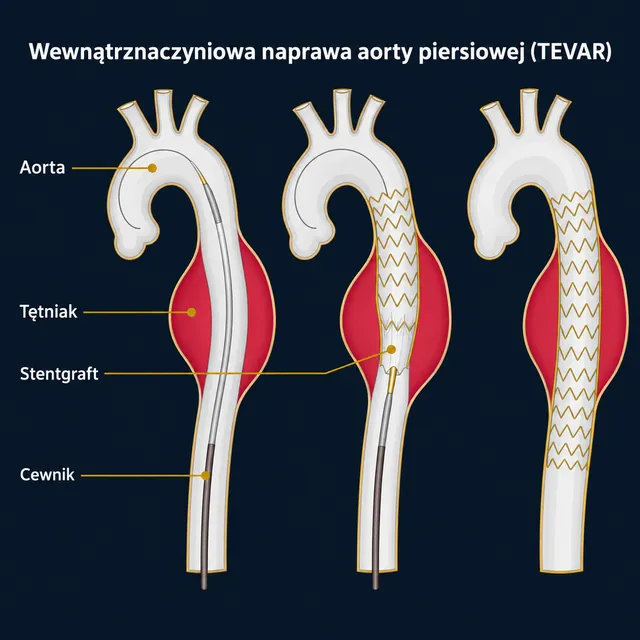 Etapy wewnątrznaczyniowego leczenia tętniaka aorty piersiowej stentgraftem (TEVAR)