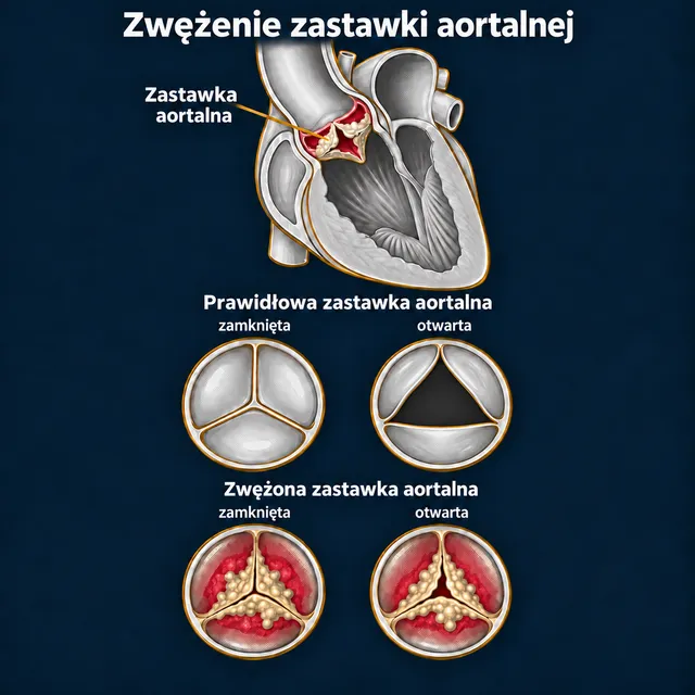 Zwężenie zastawki aortalnej: prawidłowa i zwapniała zastawka w pozycji zamkniętej i otwartej